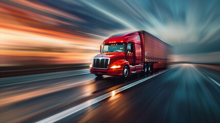 American truck speeding freeway, very blurred motion to road