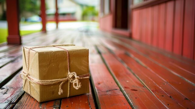 A brown paper package tied with string sitting on a red wooden porch, suggesting a doorstep delivery.