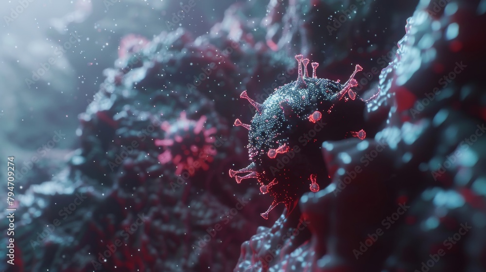 Poster detailed a virus particle with a dynamic red and blue color scheme.
