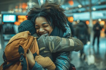 Two individuals embracing joyfully in an airport, one with a large backpack.