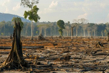Devastated forest area with stumps and fallen trees, showcasing environmental destruction.