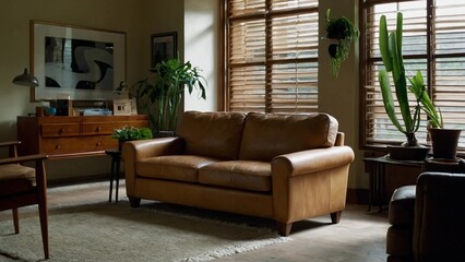 living room interior,A living room with a leather couch, potted plants, a rug, a table, a chair, and a window with wooden blinds.