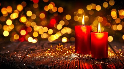 Two red candles burning brightly, with a warm bokeh of lights in the background, evoking a festive holiday spirit.