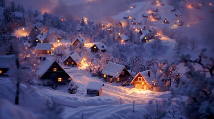 Snow-covered houses illuminated at night in a picturesque mountain village.