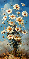 Artistic painting featuring daisies against a blue sky - obrazy, fototapety, plakaty