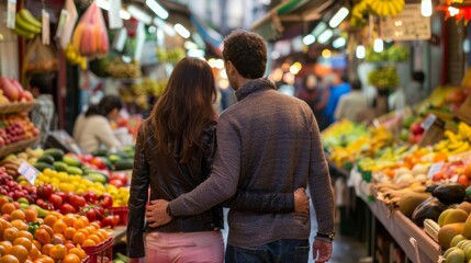 Obraz premium A welldressed couple walks arm in arm away from the camera exploring the different stalls and vendors at the market. The colorful . .