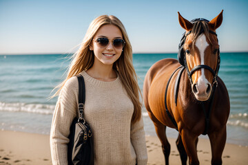 Obraz premium A girl and a horse stand next to beach