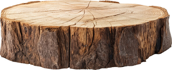 Close-up of a tree trunk's cut surface reveals brown growth rings and natural wood texture isolated.