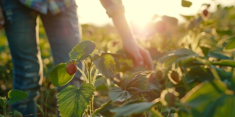 Person picking strawberries during a beautiful sunset in a lush field.