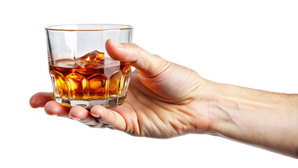 A hand grasps a snifter filled with amber liquid, brandy, whiskey, or cognac