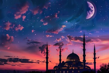 Mosque sunset sky, moon, holy night, islamic night and silhouette mosque, panaromic islamic wallpaper