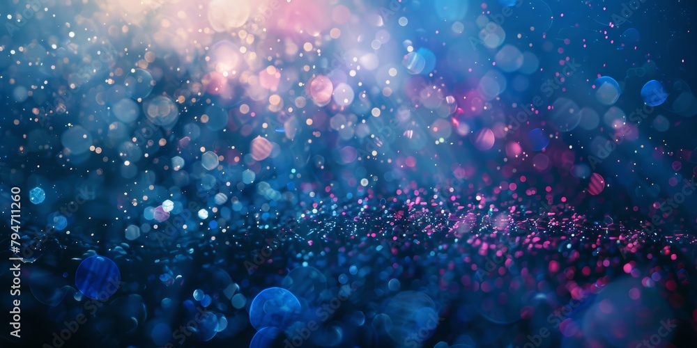 Poster an abstract background with a sparkling bokeh effect, blending blues, pinks, and purples in a dreamy
