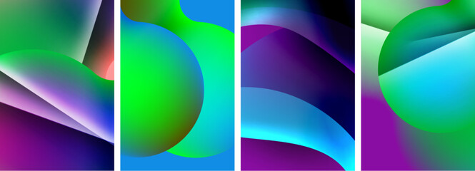 A vibrant collage of colorful abstract backgrounds featuring rectangles in violet, aqua, electric blue, and magenta. Artistic use of tints and shades in circle and font design