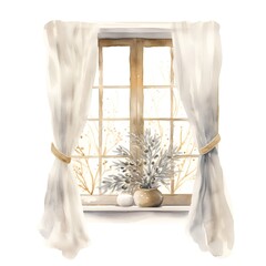 Watercolor window with winter flowers. Hand drawn illustration on white background