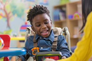 A smiling African American boy in a wheelchair uses a tablet in a colorful classroom setting.