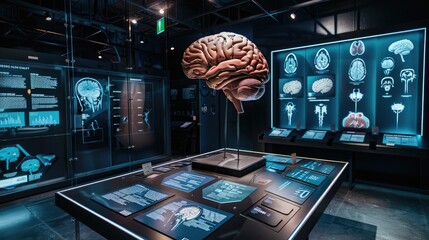 A detailed image of a brain tumor awareness exhibit featuring interactive displays and educational materials on World Brain Tumour Day. - obrazy, fototapety, plakaty