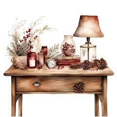 Vintage wooden nightstand with candles, books, vases and pine cones.