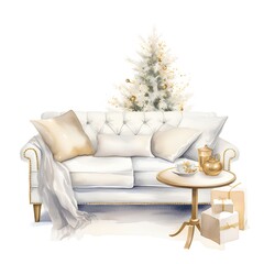 Christmas tree with gold decorations on the sofa. Watercolor illustration. - obrazy, fototapety, plakaty