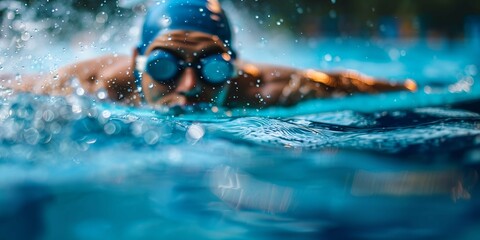 Image of sportsman swimming in swimming pool close up blurred empty space horizontal banner