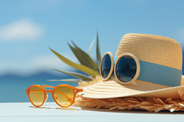 Straw hat and sun glasses on the beach. Vacation concept
