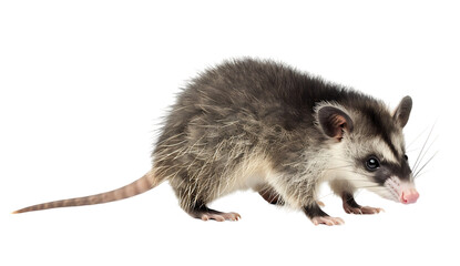 An opossum is walking against a white background