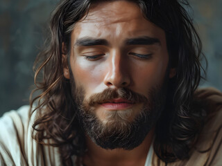 Contemplative Jesus: Deep Thoughts in Pastel, Divine Reflections: Lost in Pastel, Meditative Presence: Serenity in Pastel, Tranquil Contemplation: Amidst Pastel Reverie - obrazy, fototapety, plakaty