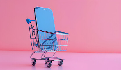 Smartphone in shopping cart on pink background.