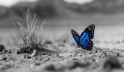 Blue butterfly in the desert on black and white background.	
