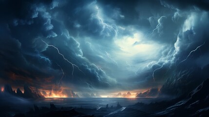 A dark fantasy landscape with a stormy sky and a raging sea.
