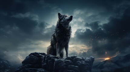A lone wolf howls at the moon on a stormy night.
