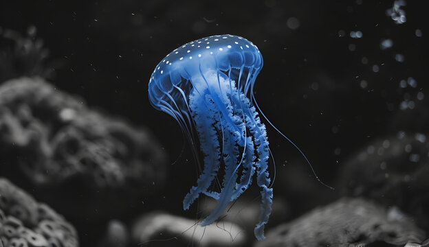 Blue jellyfish in the underwater on black and white background.