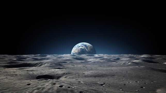 A photo of the Earth rising over the moon's horizon.