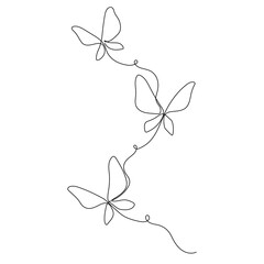 One line butterfly illustration. Outline flying insects. Continuous single hand drawn sketch. Summer symbol in trendy doodle style