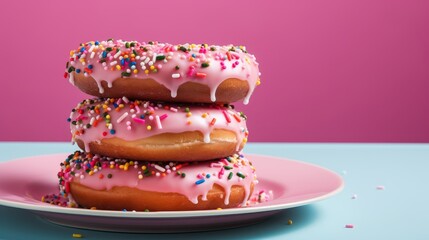 A stack of three pink donuts with rainbow sprinkles on a pink plate with a pink background and blue foreground.