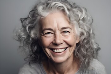 a closeup photo portrait of a beautiful elderly senior model woman with grey hair laughing and smiling with clean teeth. used for a dental ad. isolated on white background