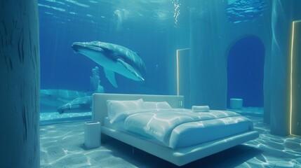 Prepare for a night of blissful sleep in a serene underwater hideaway where the distant echoes of whale songs will transport you to a peaceful sea slumber. 2d flat cartoon.