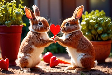 Cute little bunny rabbits with romantic valentines hearts