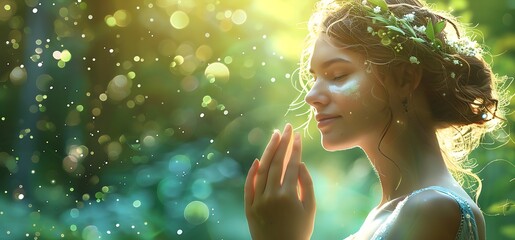 Picture a serene scene where a woman radiates joy as she gently touches her flawless glowy skin. bathed in soft sunlight against a lush green backdrop. evoking a sense of tranquility and natural beaut
