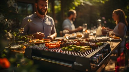 a photo of a family and friends having a picnic barbeque grill in the garden. having fun eating and enjoying time. sunny day in the summer. blur background