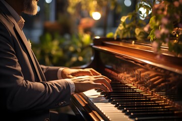 closeup photo of male hands of a person playing the piano pressing the keys. bokeh lights in the background. outside in the nature playing music instrument