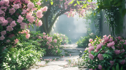 An archway in an enchanted garden, draped with delicate pink flowers, creating a fairytale-like passage bathed in soft sunlight.