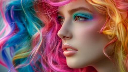 Beautiful woman in colorful wig, vibrant and stylish, fashion forward, detailed portrait, AI Generative