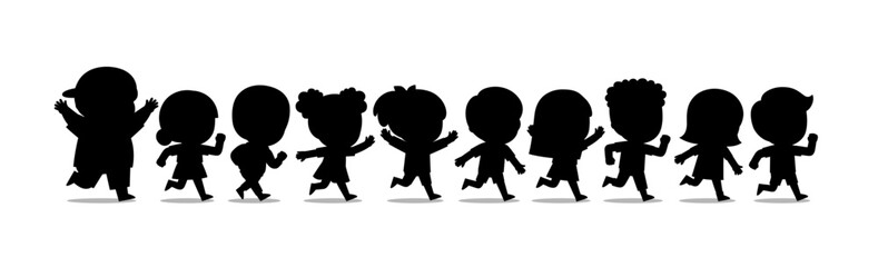 Silhouette of Happy Kids are walking on white background. Children's activities. Back to school.