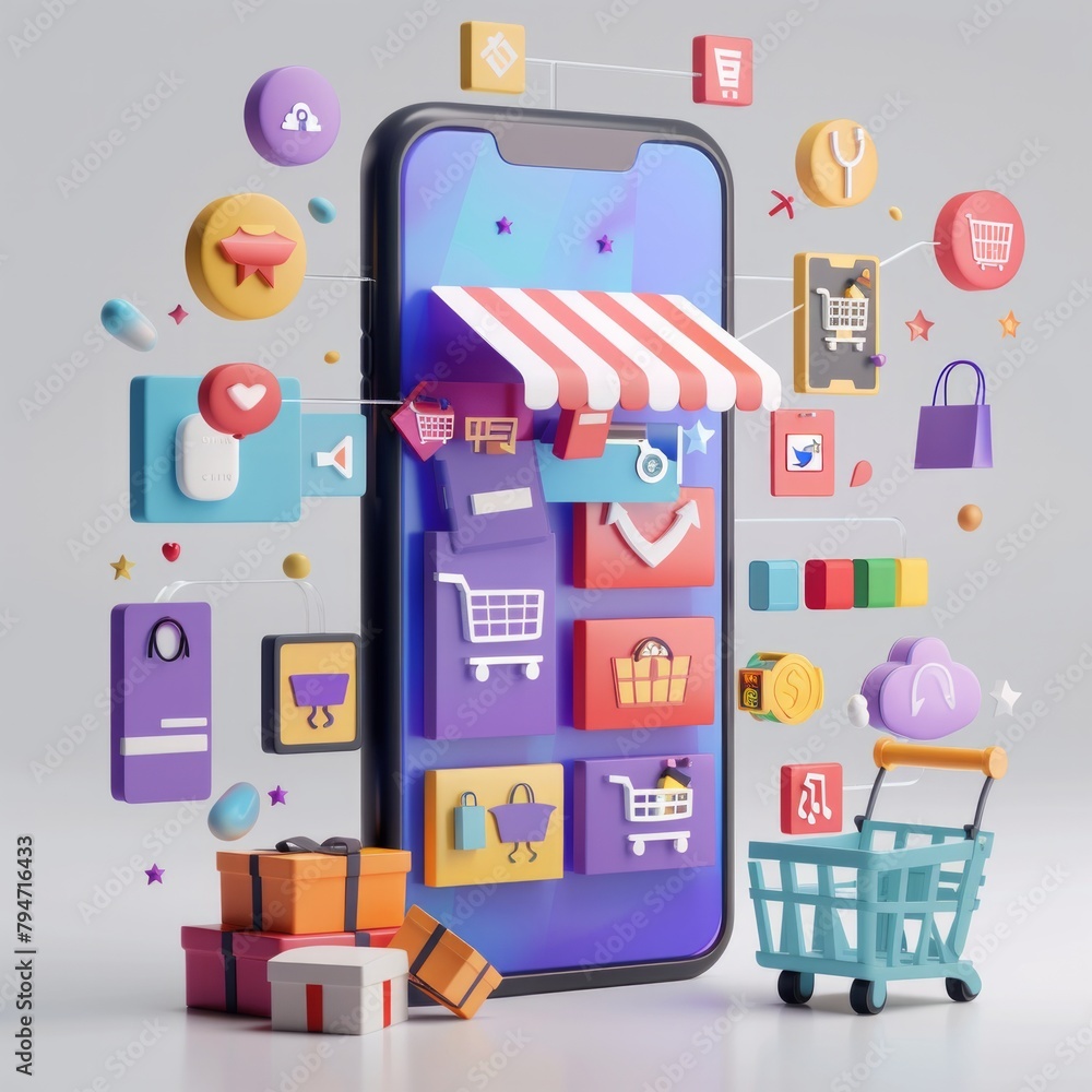 Poster craft a 3d render depicting a smartphone displaying an online shopping application interface, comple