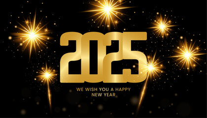 2025 Happy New Year gold background. Gold firework shining in light with sparkles abstract celebration. Greeting festive card vector illustration. Merry holiday poster or wallpaper design.