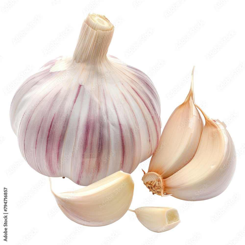 Poster a single garlic bulb with its cloves separated displayed on a transparent background