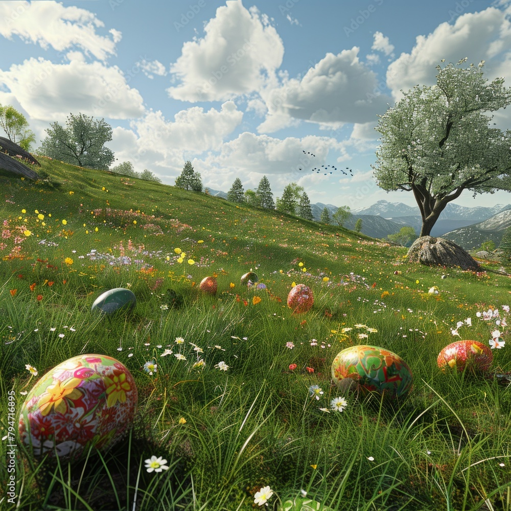 Poster create a 3d model of a spring meadow with hidden easter eggs, ai generative