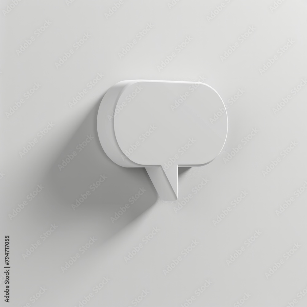 Poster Design a 3D icon featuring a blank white speech bubble pin, casting a subtle shadow against a white wall background. This minimalist rendering should symbolize communication, AI Generative