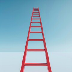 Design a 3D icon illustrating a long, red ladder reaching up towards a distant goal or target. This icon should symbolize ambition, AI Generative
