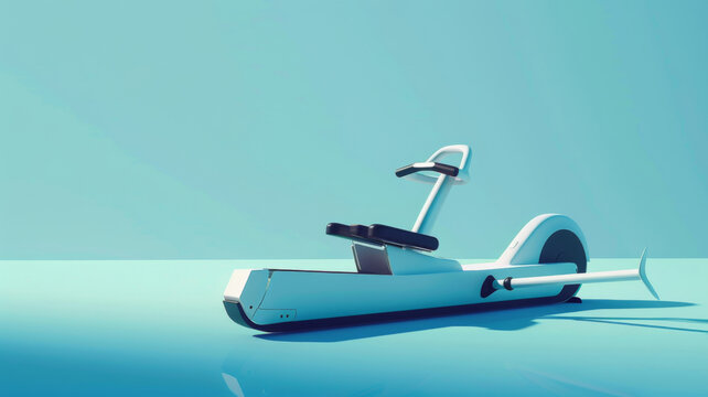 Minimalist white indoor exercise bike rendered in 3D against a calming blue background, emphasizing clean design and fitness.